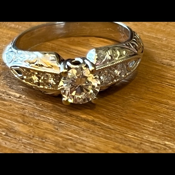 Hand Crafted Jewelry - Certified Diamond Ring/18k White Gold, Brilliant Center Diamond/Smaller Diamonds